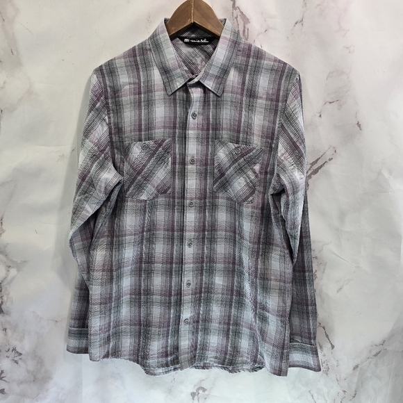 Travis Mathew Shirt Mens Medium Purple Gray Plaid Button Up Lightweight Long - Picture 1 of 14